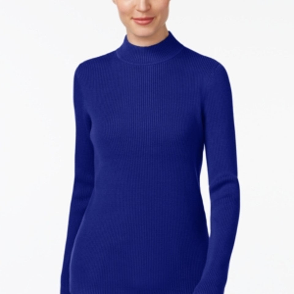 Karen Scott Cotton Ribbed Turtleneck Top  Blue Size Large