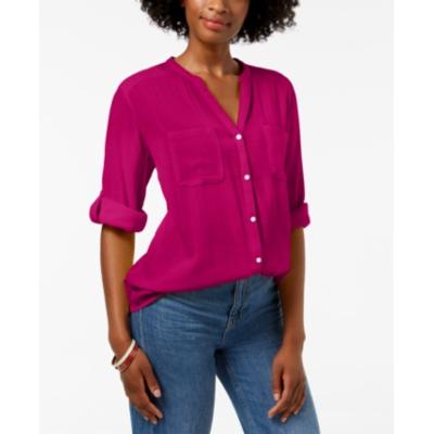 Charter Club Women's Petite Split-Neck Utility Shirt Pink Size Petite XL