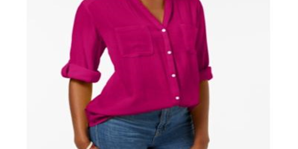 Charter Club Women's Petite Split-Neck Utility Shirt Pink Size Petite XL