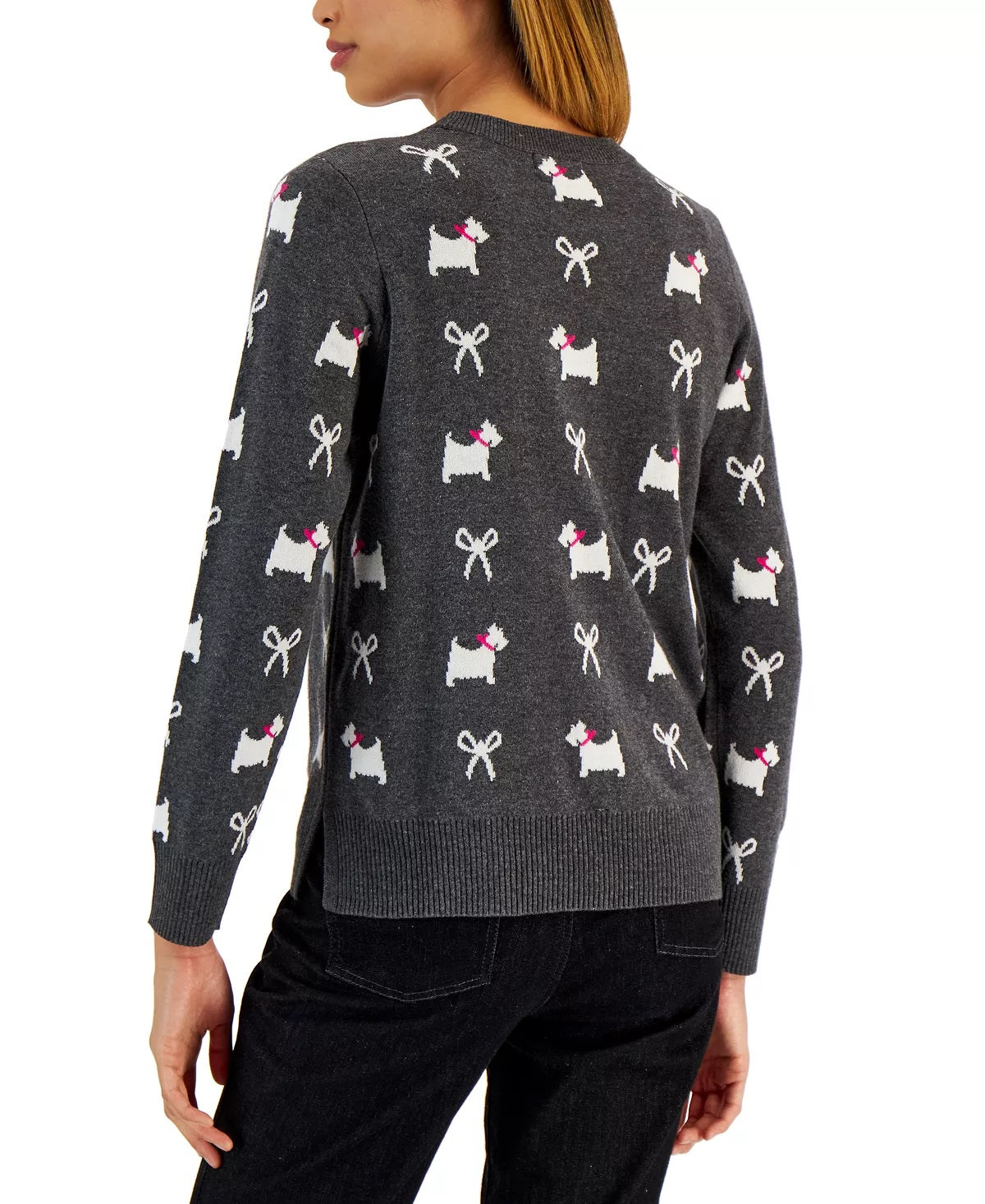 Charter Club Women's Petite Bow-Print Sweater Charcoal Heather Gray Size Petite Small