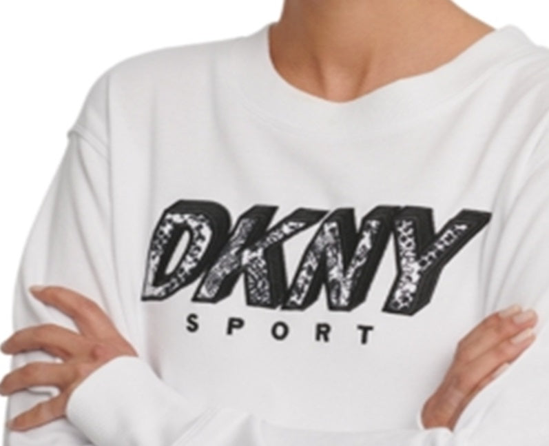 DKNY Women's Sport Printed Logo Fleece Sweatshirt White Size Medium