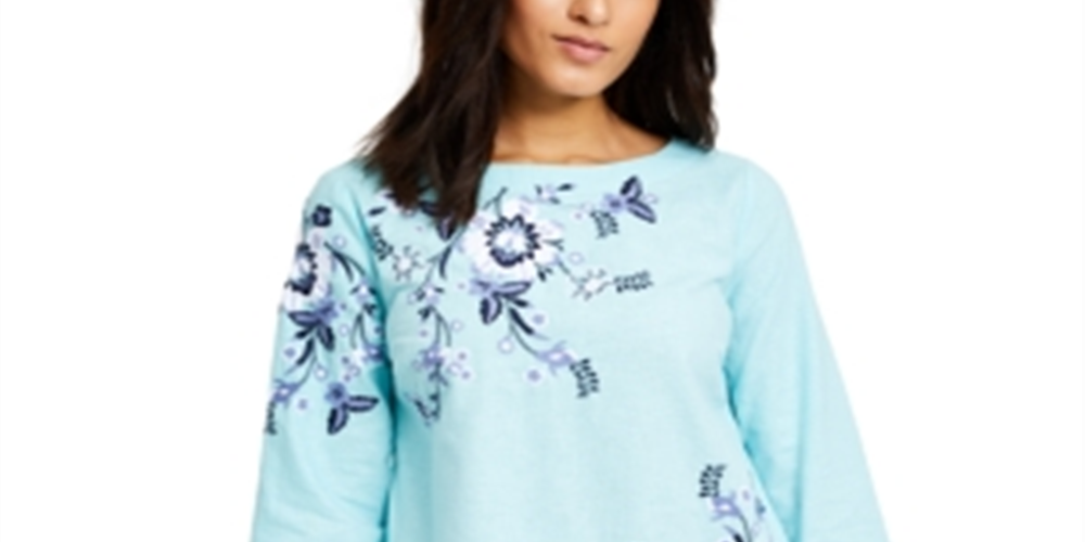 Charter Club Petite Floral-Embroidered Linen-Blend Top Blue Size Petite L