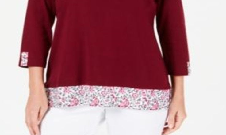 Karen Scott Women's Printed Trim Top Red Size Petite