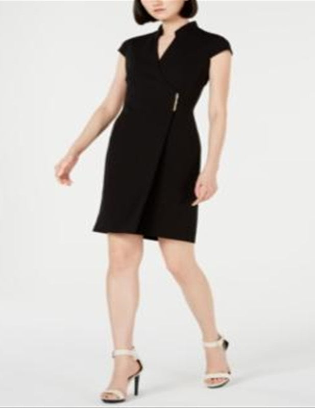 Calvin Klein Women's Short Sleeve V Neck Above the Knee Sheath Wear to Work Dress Black Size 12Petite