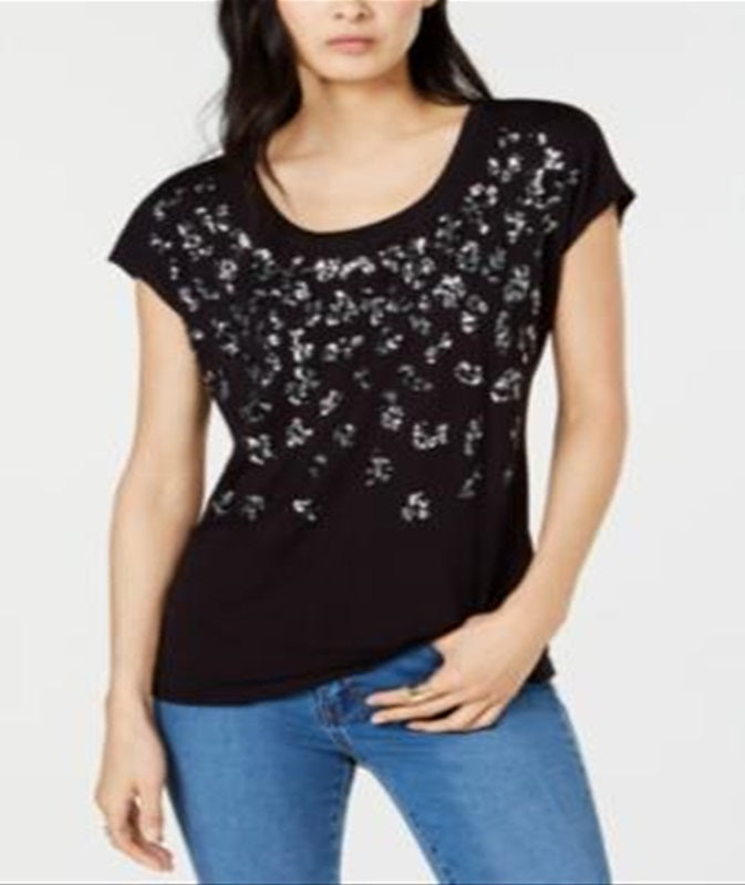 INC Women's Animal Print Short Sleeve T-Shirt Top Black Size XS