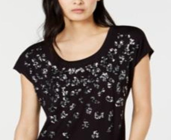 INC Women's Animal Print Short Sleeve T-Shirt Top Black Size XS