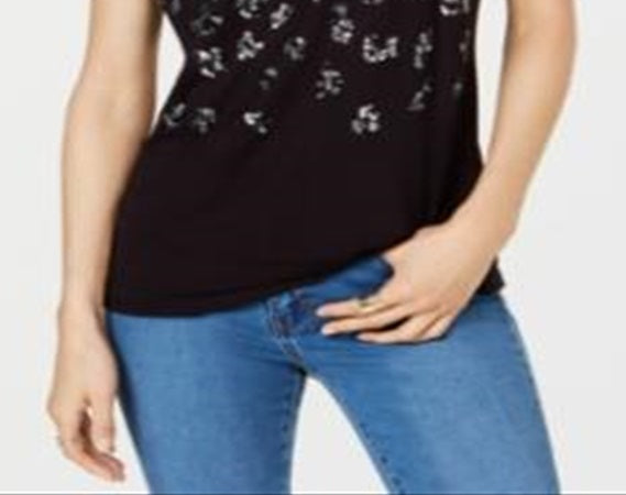 INC Women's Animal Print Short Sleeve T-Shirt Top Black Size XS