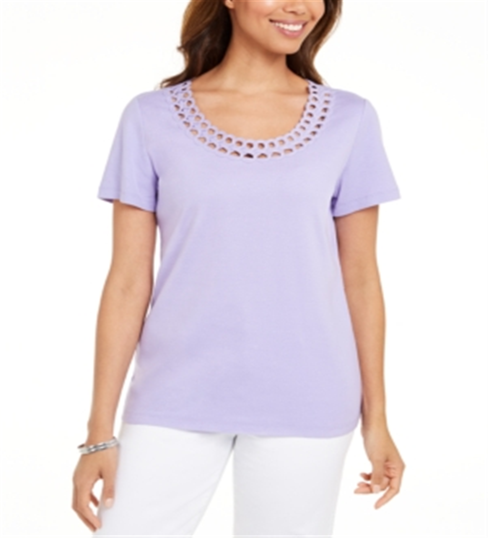 Karen Scott Cotton Scalloped-Neck T-Shirt Purple Size XS
