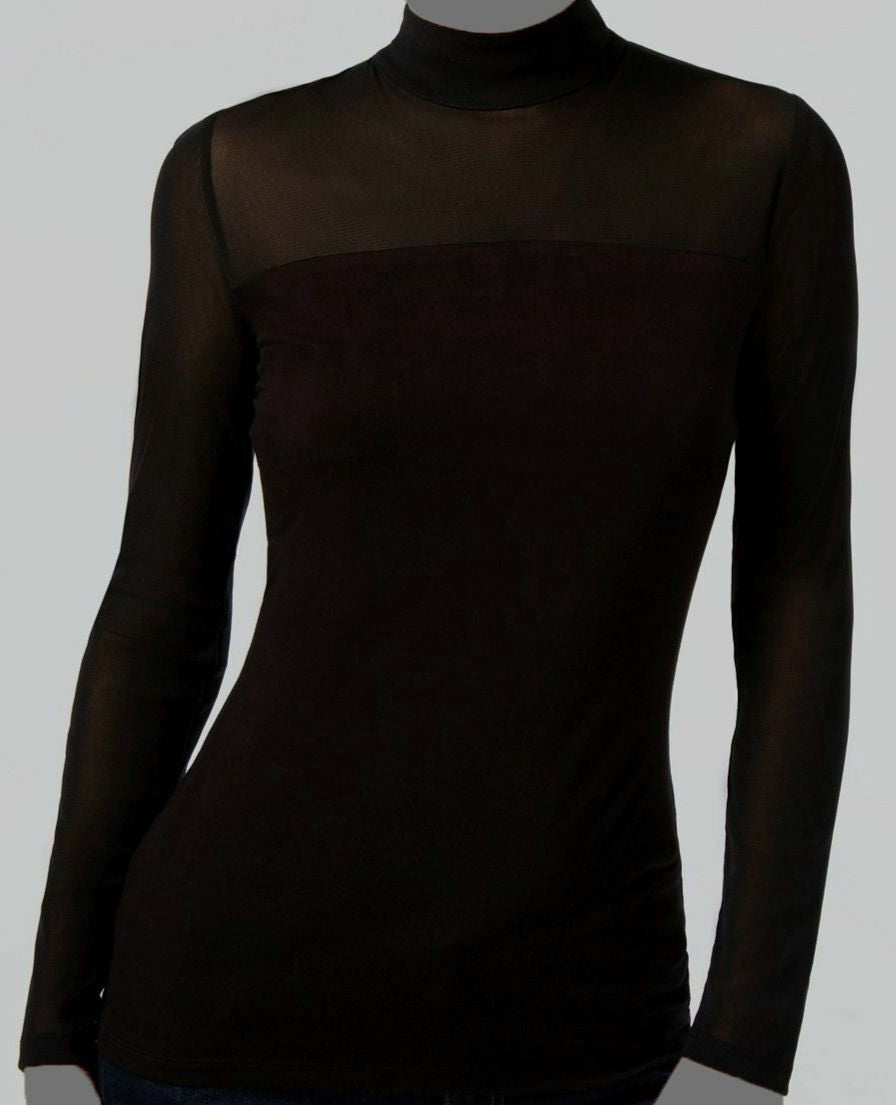 INC International Concepts Women's Mock Turtleneck Mesh Inset Fitted Top Black Size Large