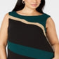 Connected Women's Color Block Sleeveless Jewel Neck Knee Length Sheath Wear to Work Dress Green Size 24W