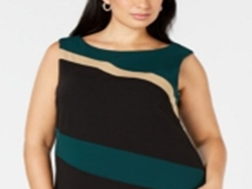 Connected Women's Color Block Sleeveless Jewel Neck Knee Length Sheath Wear to Work Dress Green Size 24W