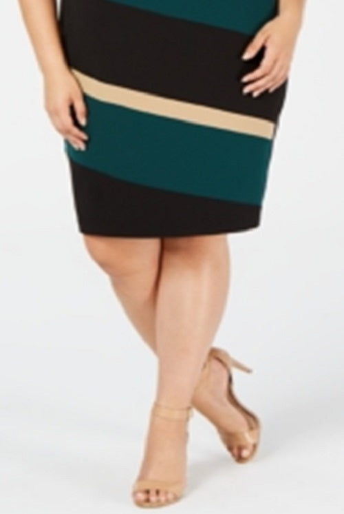 Connected Women's Color Block Sleeveless Jewel Neck Knee Length Sheath Wear to Work Dress Green Size 24W
