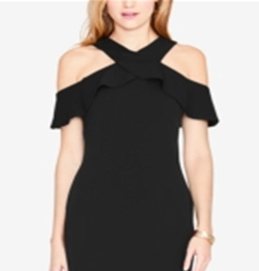 Rachel Roy Women's Ruffled Cold Shoulder Halter Below the Knee Evening Sheath Dress Black Size Small
