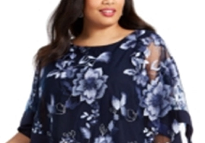 R & M Richards Women's Floral Sleeveless Jewel Neck Knee Length Sheath Cocktail Dress Blue Size 14W