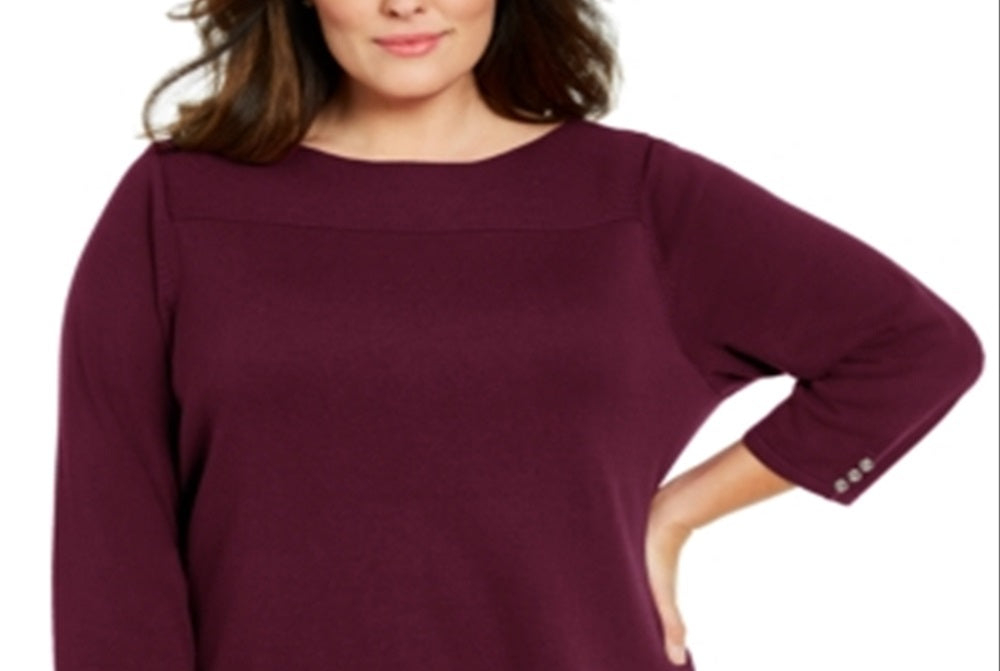 Karen Scott Women's Plus Ribbed Ballet Neck Cotton Sweater Red Size 1X