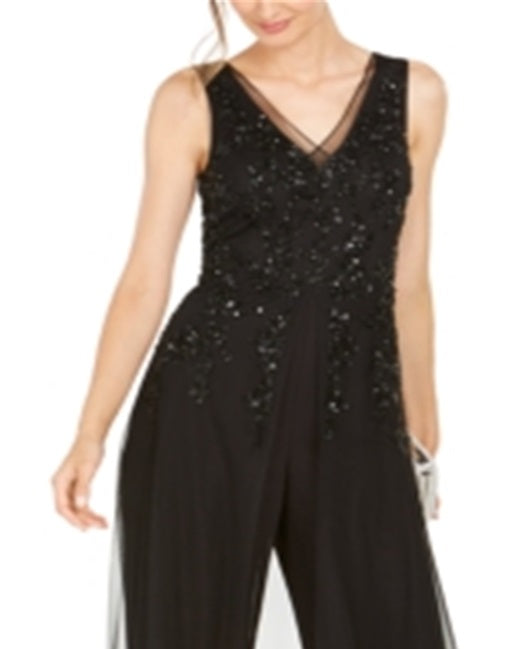 Adrianna Papell Women's Embellished Wide Leg Jumpsuit Black Size 14 Petite