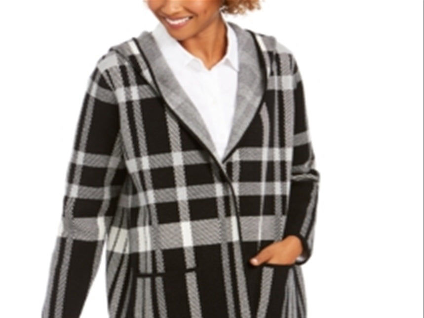 Charter Club Women's Plaid Hooded Coat Black Size Petite SM