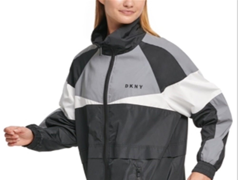 DKNY Women's Reflective Color Blocked Windbreaker Jacket Black Size Medium