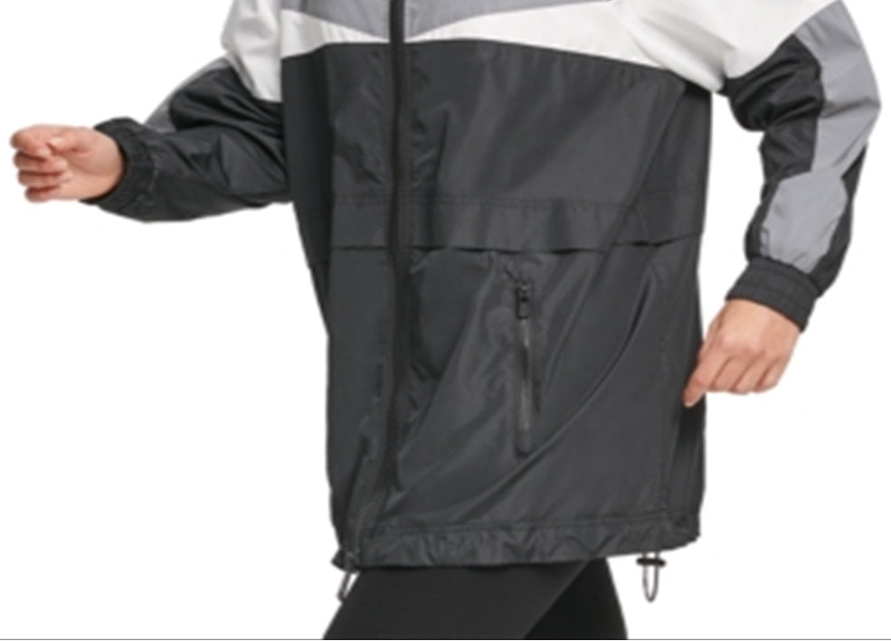 DKNY Women's Reflective Color Blocked Windbreaker Jacket Black Size Medium