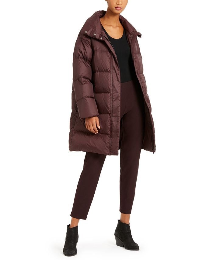 Eileen Fisher Women's Funnel Neck Down Coat Brown Size Petite Large