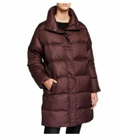 Eileen Fisher Women's Funnel Neck Down Coat Brown Size Petite Large