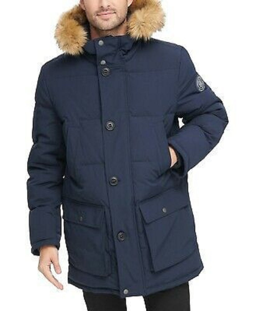 Tommy Hilfiger Men's Long Parka With Faux Fur Hood Blue Size Medium