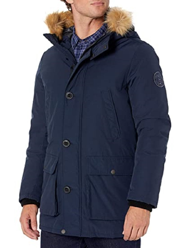 Tommy Hilfiger Men's Long Parka With Faux Fur Hood Blue Size Medium