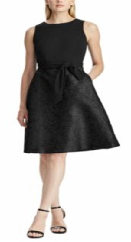 Ralph Lauren Women's Special Occasion Floral Jacquard Self Tie Sleeveless Fit & Flare Dress Black Size 16P