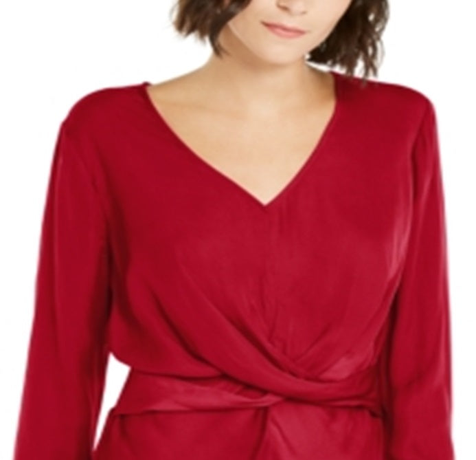 INC International Concepts Women's V Neck Twist Front Blouse Red Size Small