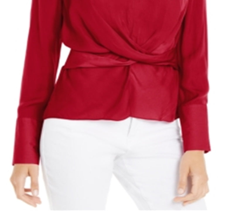INC International Concepts Women's V Neck Twist Front Blouse Red Size Small