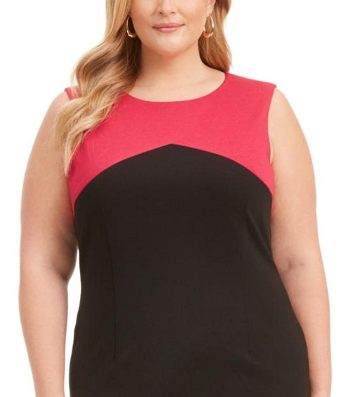 Kasper Women's Color Block Sleeveless Jewel Neck Knee Length Sheath Wear to Work Dress Pink Size 22W