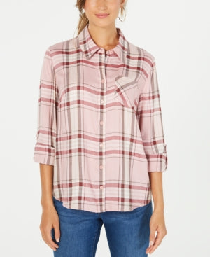 Style & Co Plaid One-Pocket Shirt Pink Size L
