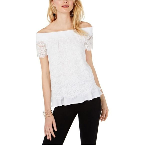 INC International Concepts Women's Lace Sheer Pullover Top White Size Large