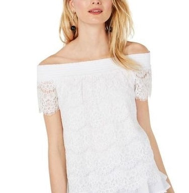 INC International Concepts Women's Lace Sheer Pullover Top White Size Large