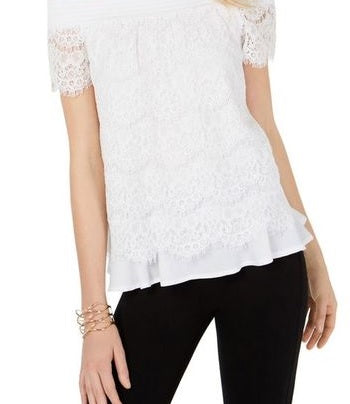 INC International Concepts Women's Lace Sheer Pullover Top White Size Large