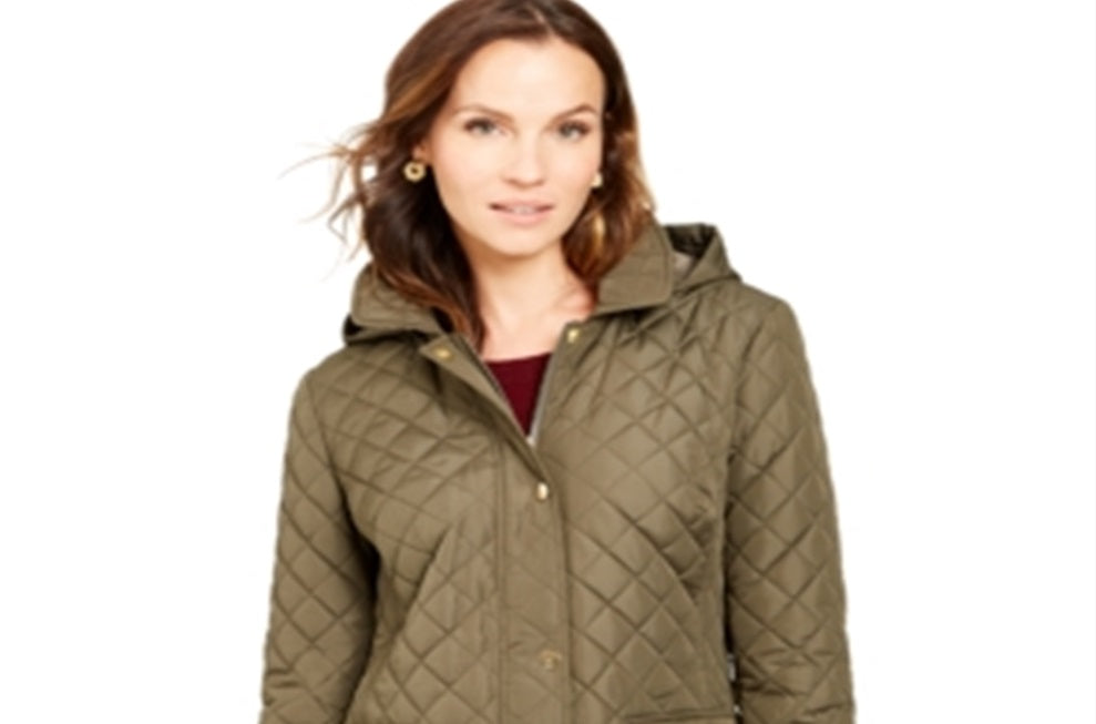 Charter Club Women's Quilted Hooded Jacket Green Size Petite Medium