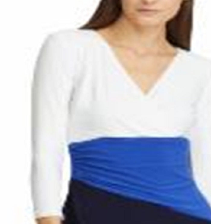 Ralph Lauren Women's Color Block Short Sleeve Jewel Neck Above the Knee Body Con Dress Blue Size 0