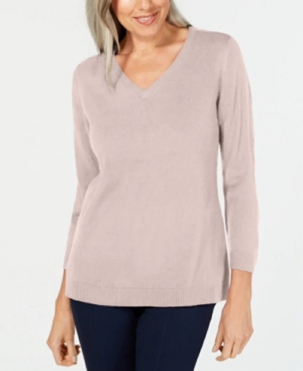 Karen Scott Womens Ribbed Long Sleeve V Neck Sweater Pink Size XS