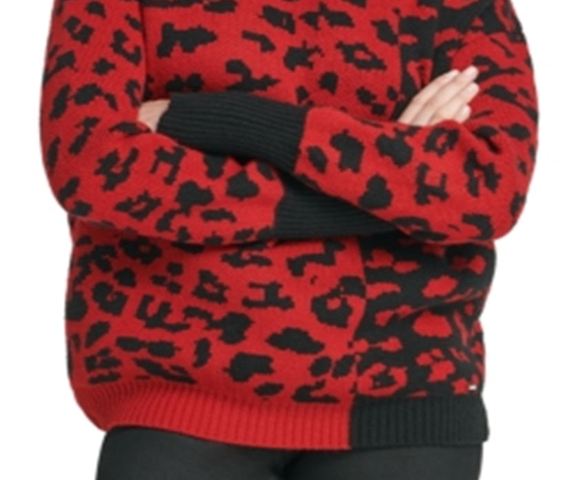 DKNY Women's Colorblocked Leopard Print Sweater Red Size XL