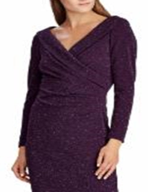 Ralph Lauren Women's Glitter Faux Wrap Long Sleeve V Neck Below the Knee Sheath Formal Dress Purple Size 10
