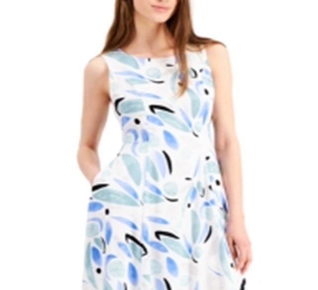 Alfani Women's Zippered Patterned Sleeveless Jewel Neck Below the Knee Fit + Flare Evening Dress Blue Size 14