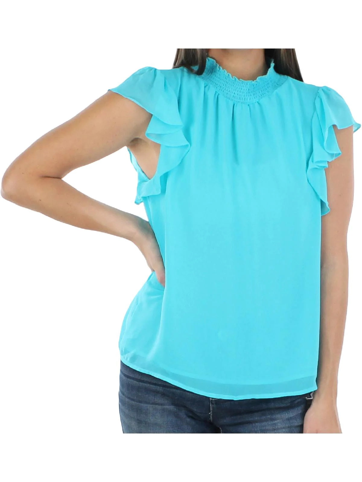 1.STATE Women's Short Sleeve Turtle Neck Top Blue Size Large