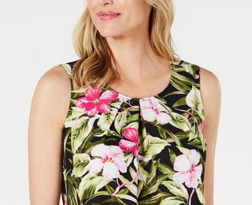 Kasper Women's Perfection Multi Sleeveless Tropical Pleat Neck Blouse Pink Size Large