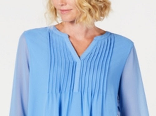 Charter Club Women's Double Ruffle Solid Pintuck Top  Blue Size 2XL