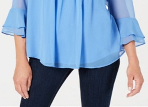 Charter Club Women's Double Ruffle Solid Pintuck Top  Blue Size 2XL