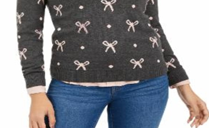 Charter Club Women's Bow Print Sweater Gray Size Petite S
