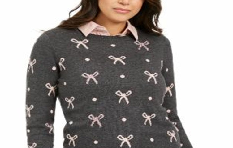 Charter Club Women's Bow Print Sweater Gray Size Petite S