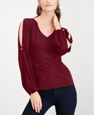 Inc International Concepts Women's  Petite Split-Sleeve Rhinestone-Button Top Red Size Petite Large