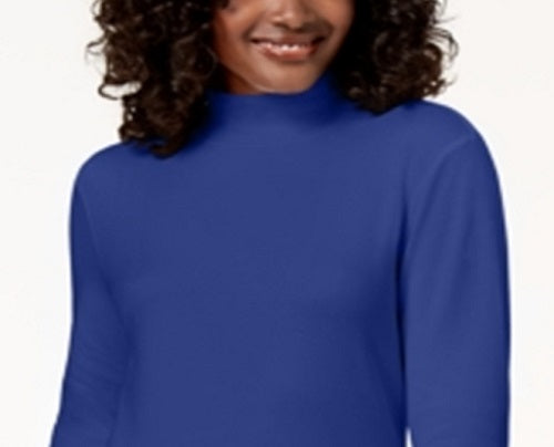 Karen Scott Women's Long Sleeve Mock-Neck Cotton Top Blue Size Petite Small