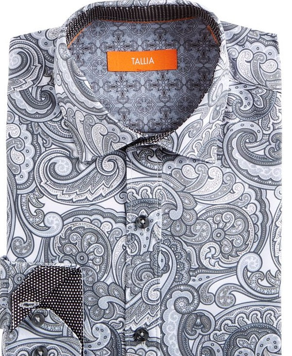 Tallia Men's Slim Fit Performance Stretch Paisley Dress Shirt Gray Size 16.5x32-33